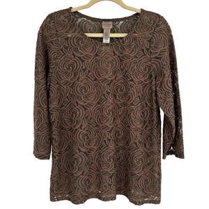 Chico's Lace Sadie 3/4 Sleeve Top Texas Taupe Medium NWT‎